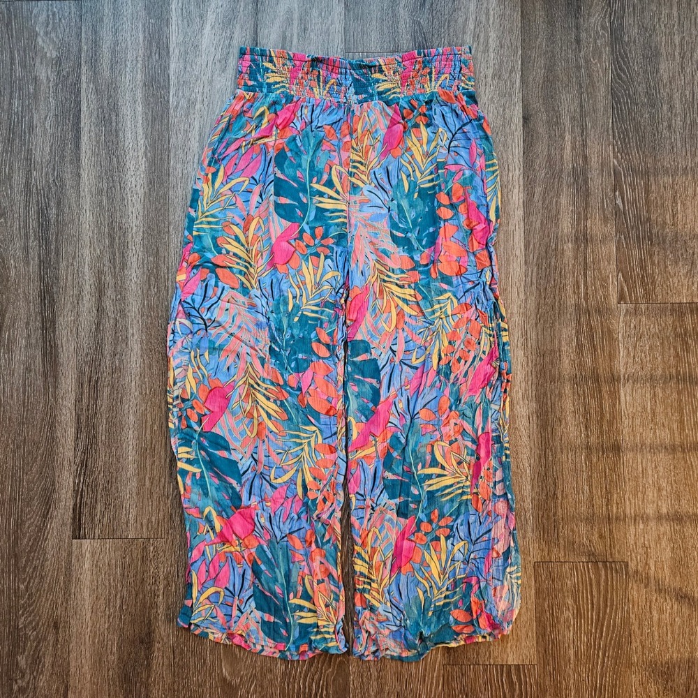Kona Sol Womens Lg Tropical Floral Wide Leg Beach Cover Up Pants Side Slit Blue
